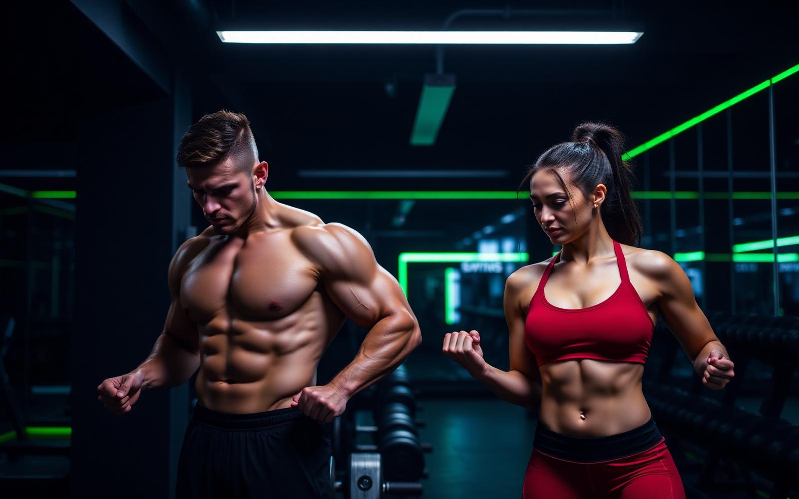 Casal treinando em academia com suplementos Errejotafit